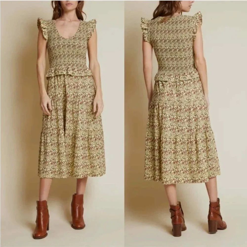Nation LTD Fabienne Vintage Fleur Floral Smocked Tiered Ruffle Midi Dress Sz S